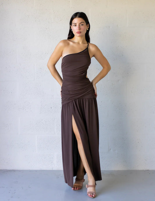 Lena Maxi Dress featuring a one-shoulder design, side cut-outs, and a leg split for an elegant look.