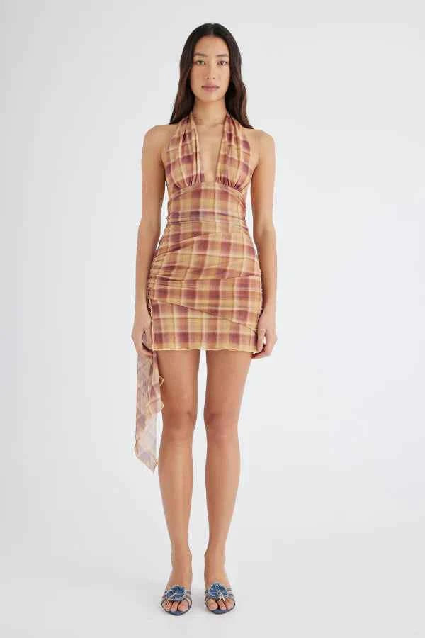 Penelope Halter Mini Dress In Toffee Check