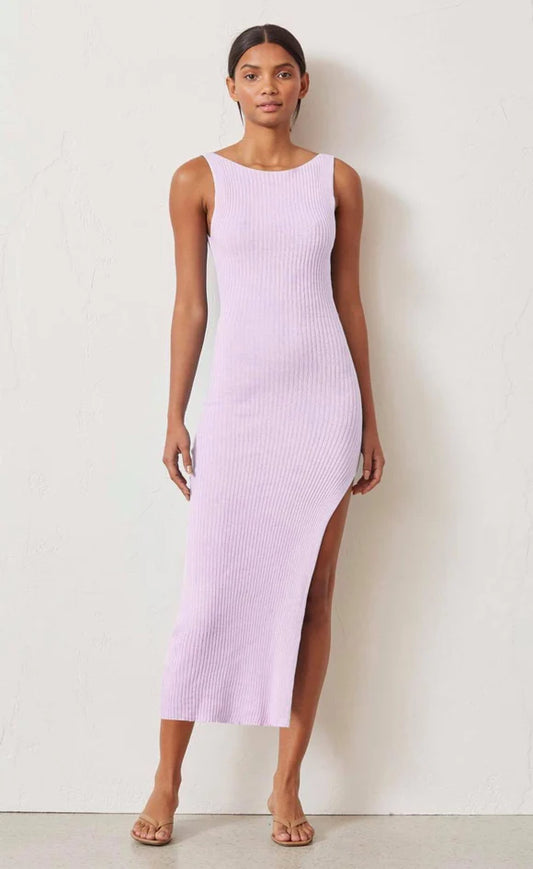 Model wearing Riviera Knit Midi Dress in Lilac, showcasing the gorgeous cut our bodice - Designer Dress Rental - Lend the Label