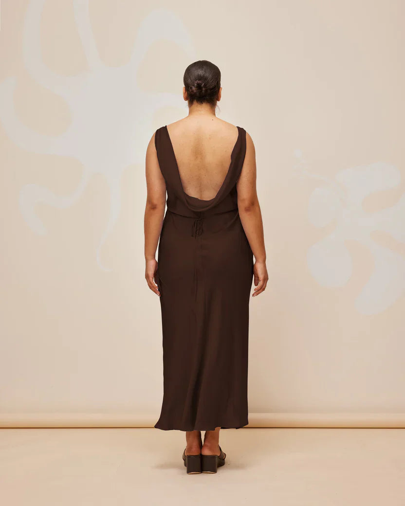 Firebird Cowl Gown in espresso – rent designer dresses NZ wide