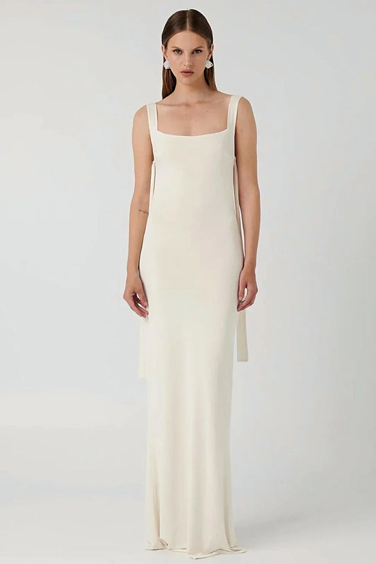 Model wearing full length white Helena Gown – evening dress rental NZ