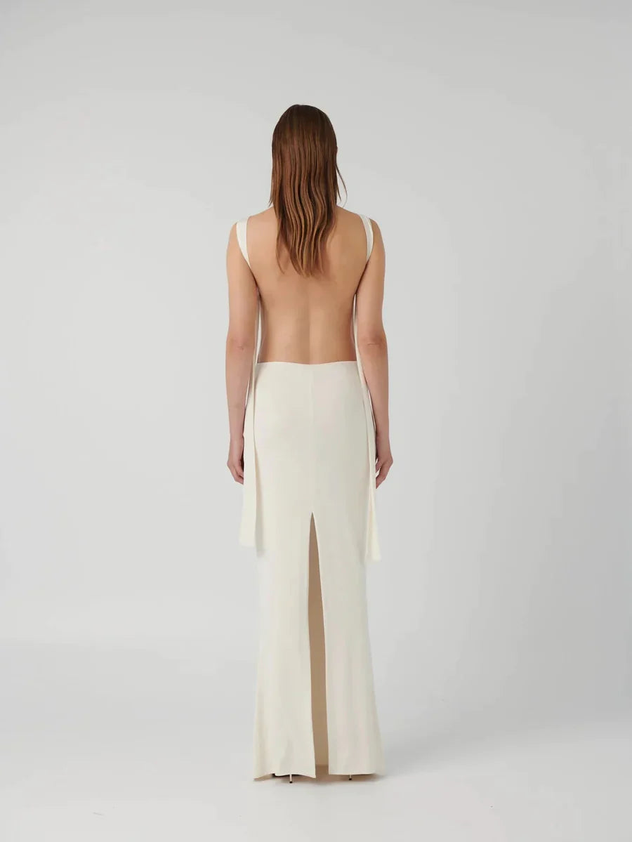 Model showcasing back of full length white Helena Gown – evening dress rental NZ