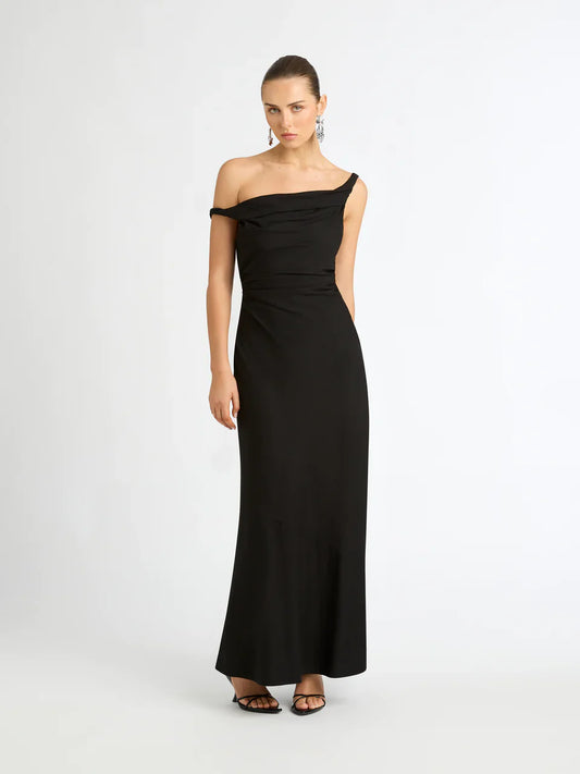 Model wearing Angelina Maxi Dress in black – designer dress hire New Zealand