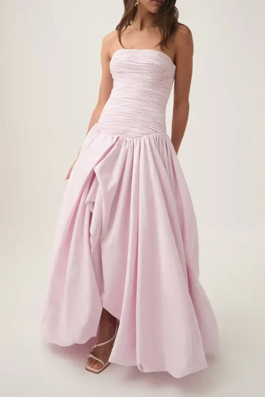 Violette Bubble Hem Maxi Dress, strapless gown with fitted bodice and bubble hem, in elegant pink, ideal for special occasions.