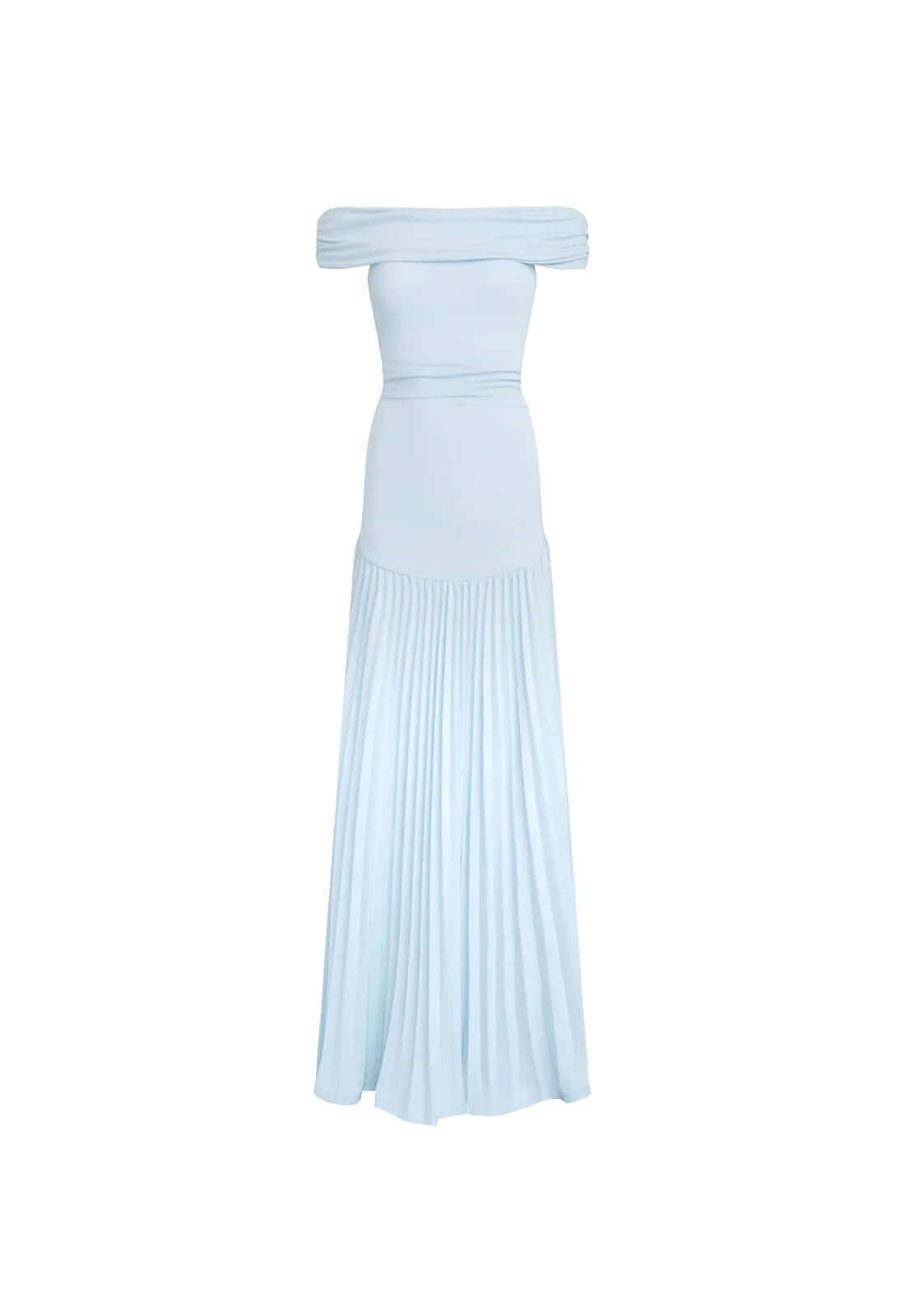 Light blue off-shoulder maxi dress by Lioness featuring pleated skirt, blending elegance and contemporary style.
