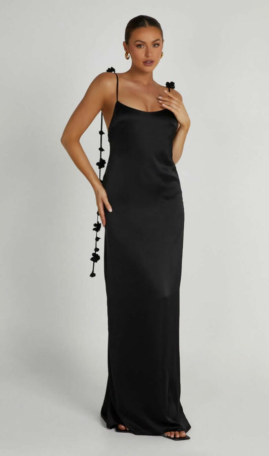 Model shows front of Elenora gown's - this satin low back wedding dress ensures you’ll turn heads with its seamless blend of modern design and classic allure.