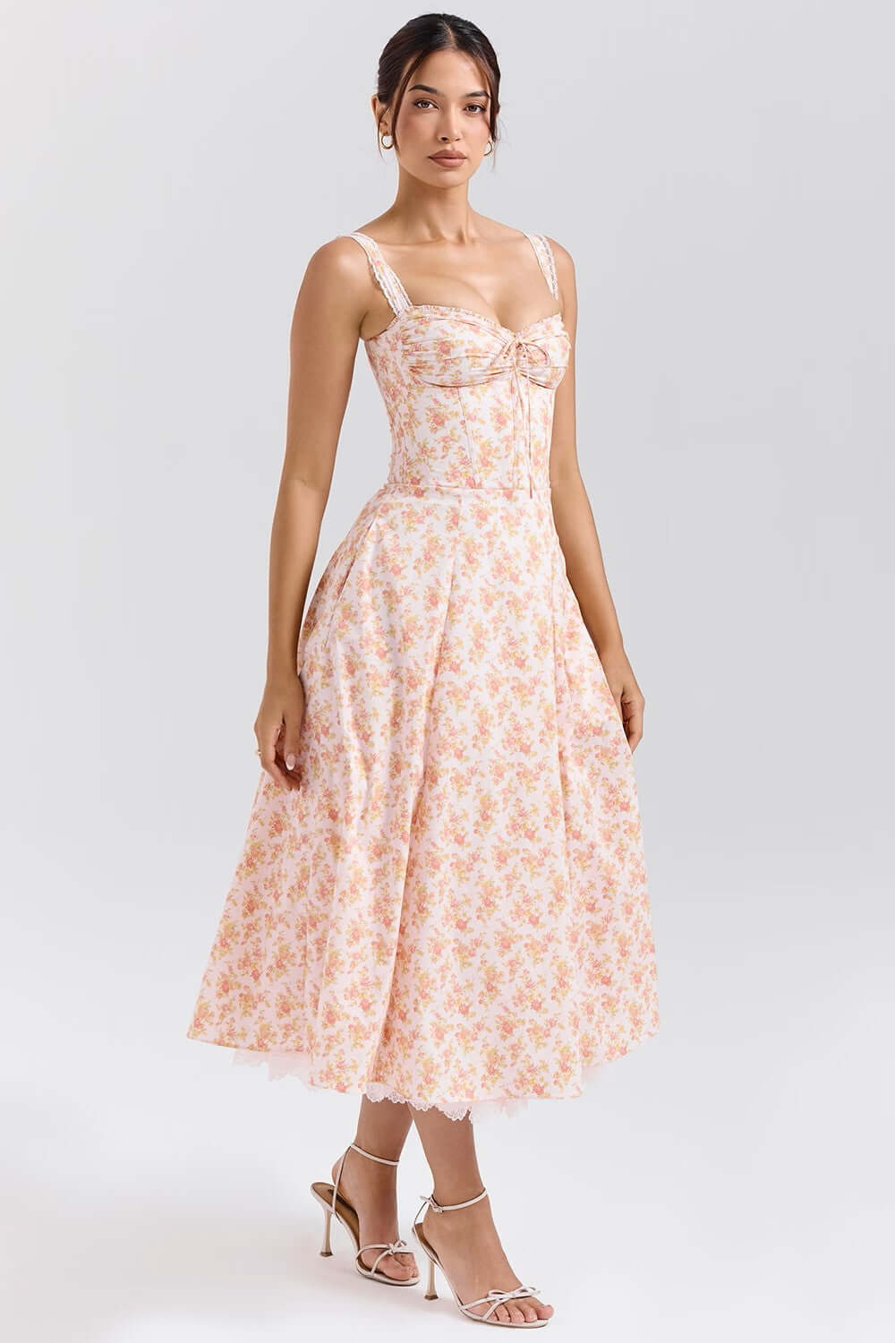 Rosalee Peach Poppy Print Bustier Sundress with gathered bust and lace trim, perfect for garden parties and warm days.