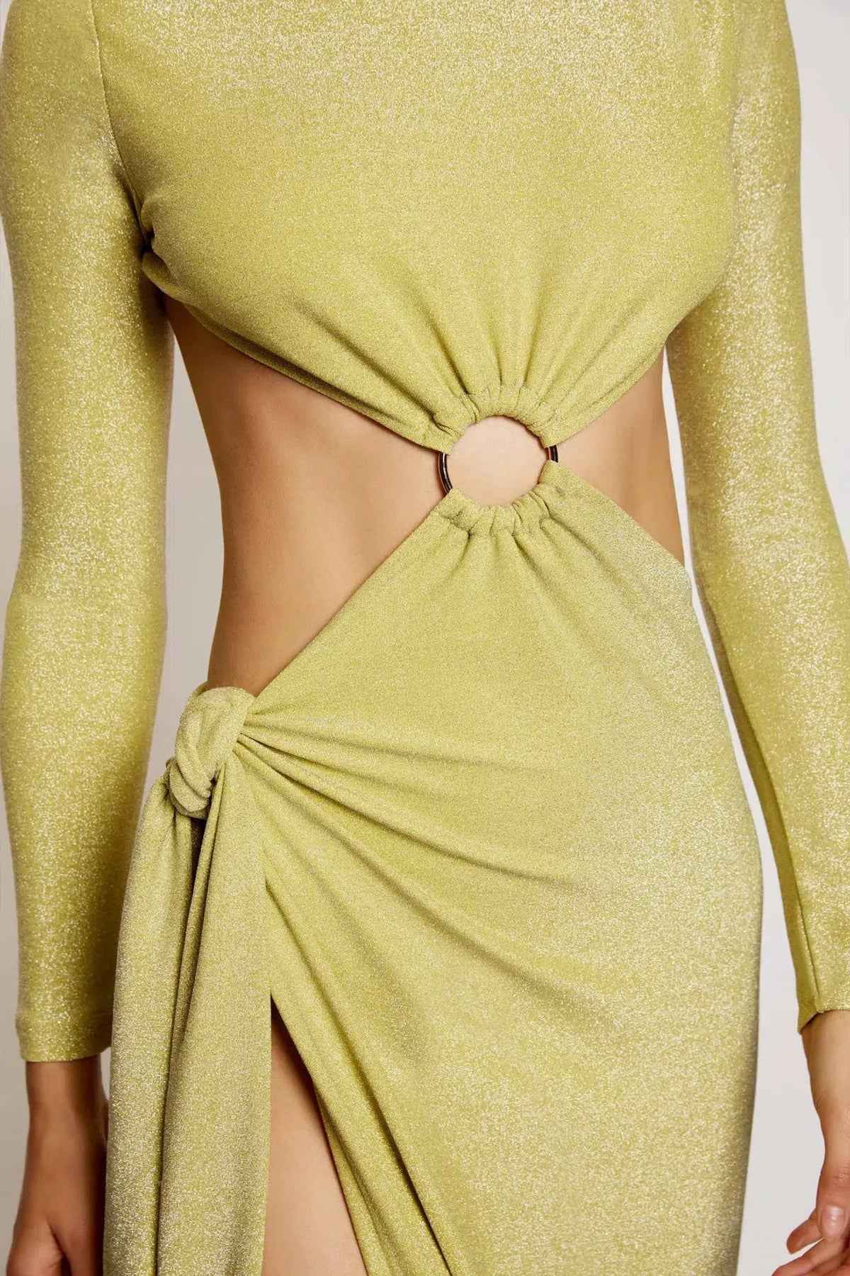 Christina Backless Maxi Wrap Dress in Green Shimmer