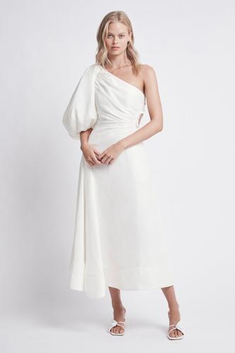 Concept Dress in White featuring a puffed sleeve and circular waist cut out, perfect for special occasions.