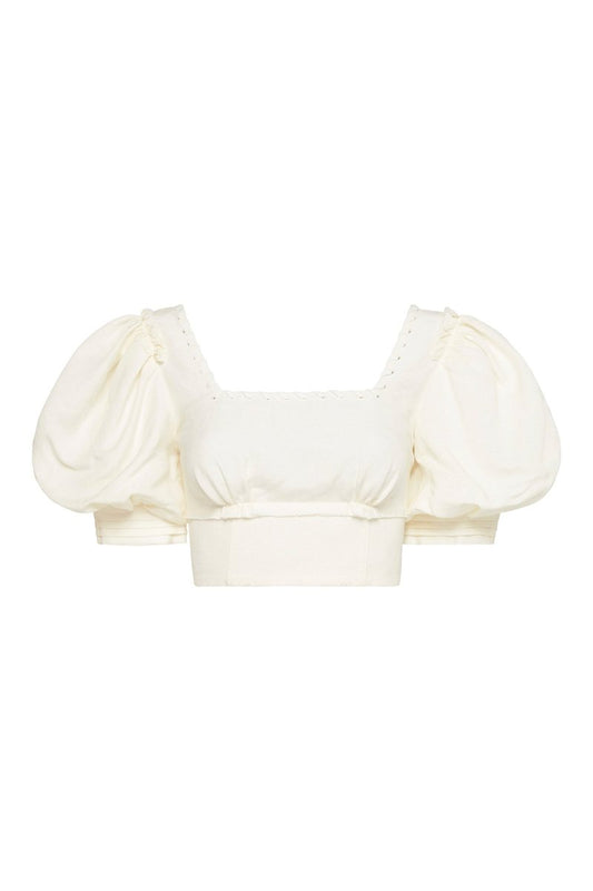 Unlace Top in White by Aje, a white linen-blend cropped top with puff sleeves and square neckline.