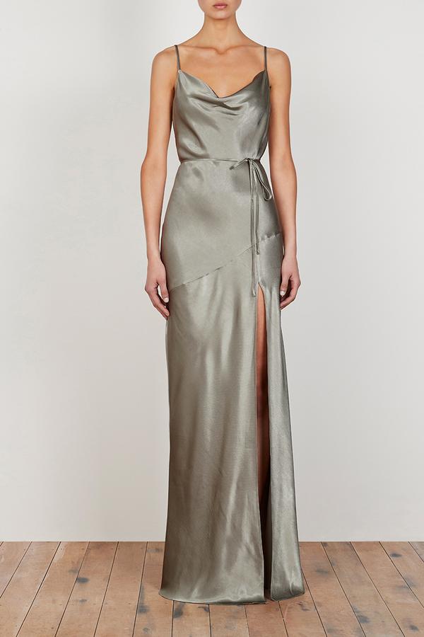 la lune asymmetrical gathered maxi dress sage La Lune Asymmetrical Gathered Maxi Dress