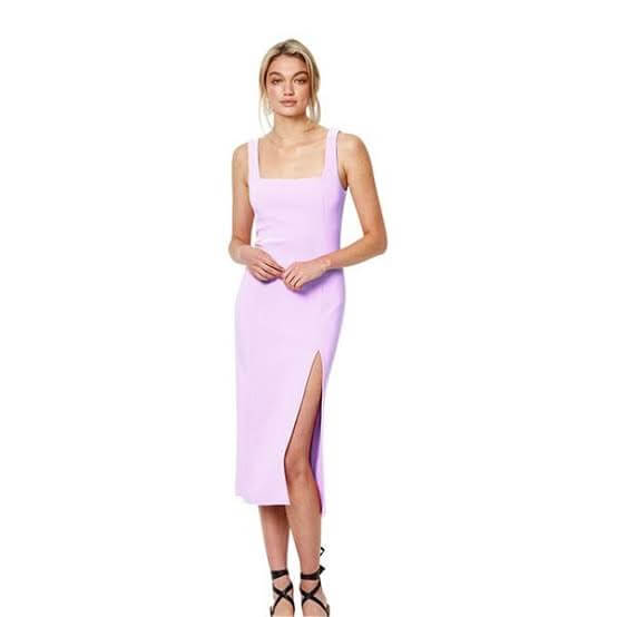 Model wearing Hibiscus Islands Midi in Lilac, showcasing square neckline which is a unique take on the classic 90's look