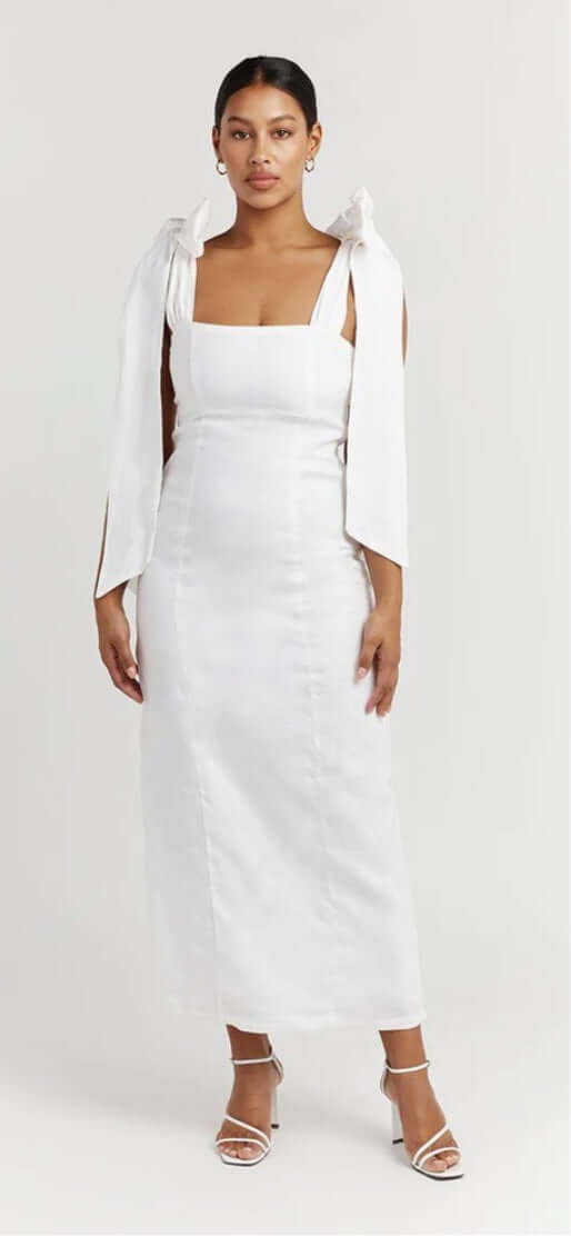 white linen bow dress KatieJ NYC Brenna Bow Tie Back Dress- White Linen