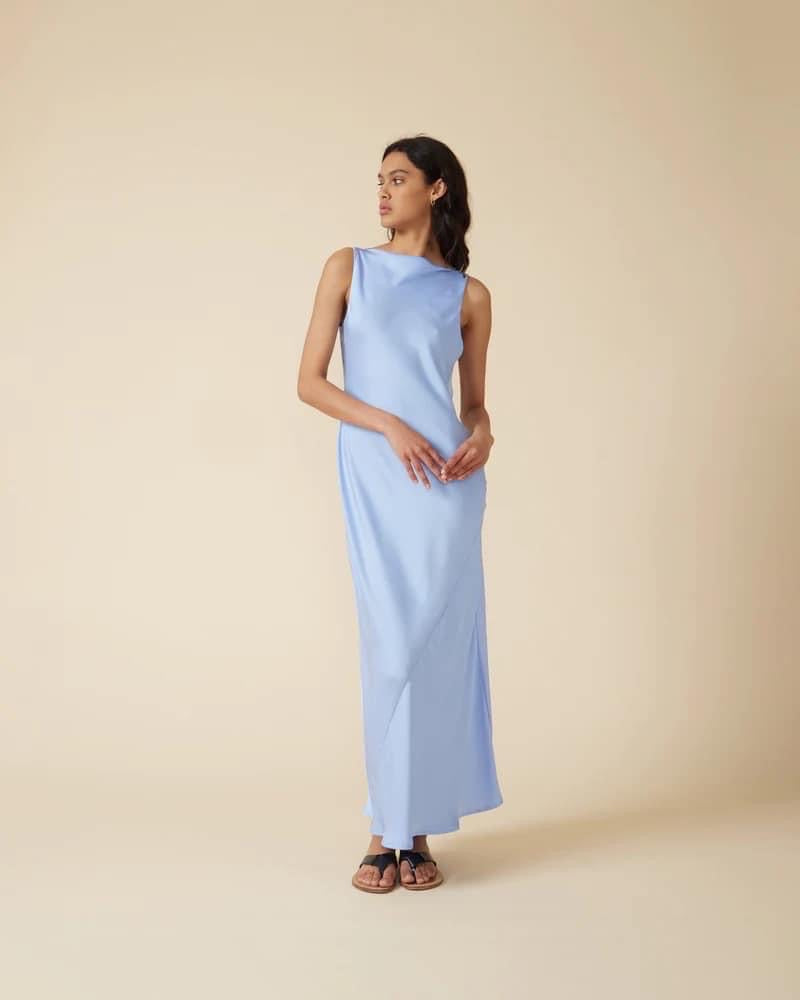 Model wearing Firebird Cowl Gown showcasing the elegance and timeless style - Designer Dress Rental from Lend the Label
