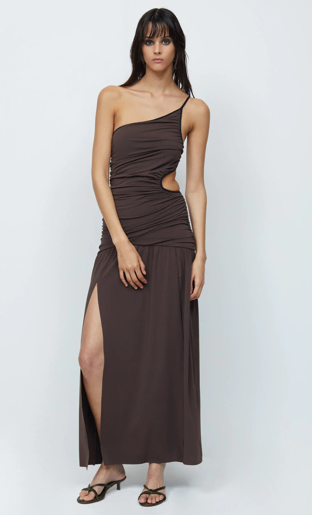 Lena Maxi Dress featuring one-shoulder design, side cut-outs, and alluring side split for a chic look.