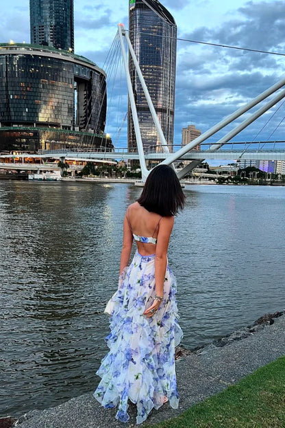 Indigo Ruffled Floral Maxi