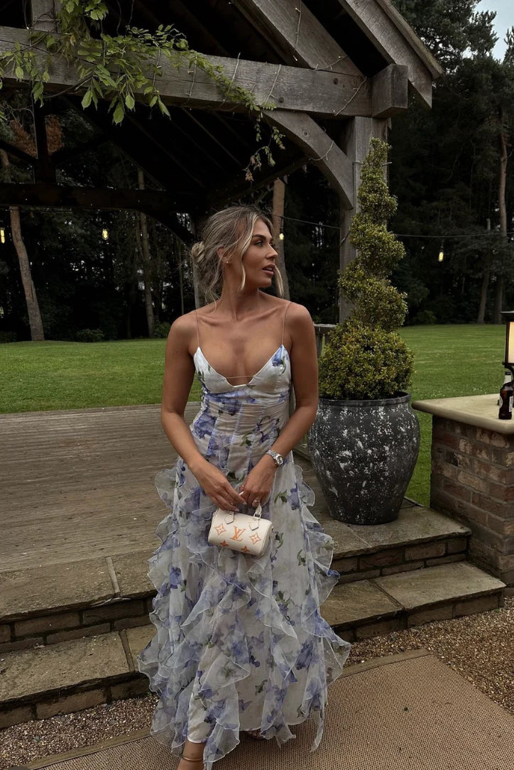Indigo Ruffled Floral Maxi