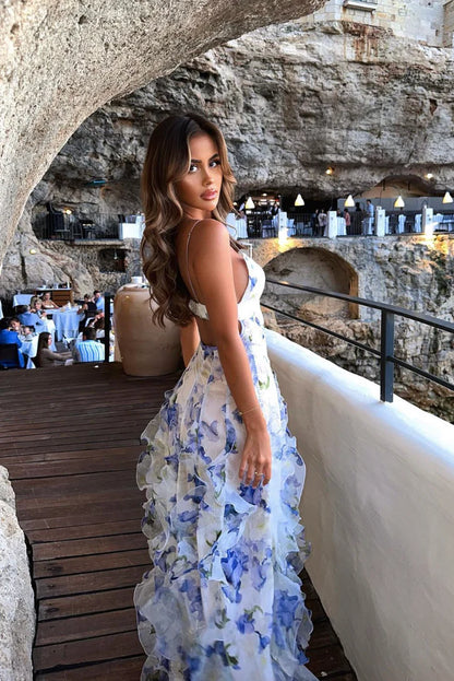 Indigo Ruffled Floral Maxi