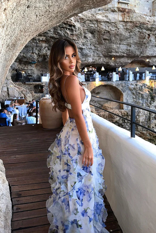Indigo Ruffled Floral Maxi