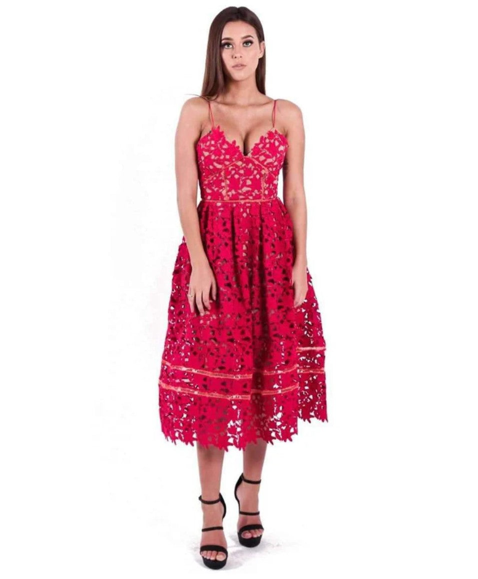 Model wearing Self Portrait - Azaelea Dress in Red. Rent this designer dress with Lend the Label