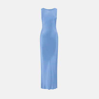 Caitlin Crisp Wilmer Dress is the perfect shade of blue in a matte silk to suit almost any skin tone, cut on the bias to work with your body. Featuring a high split, plunging back and adjustable shoulder ties.