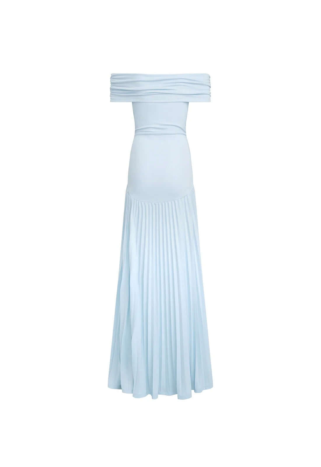 Light blue off-the-shoulder maxi dress by Lioness, featuring pleated skirt and elegant design, perfect for stylish occasions.