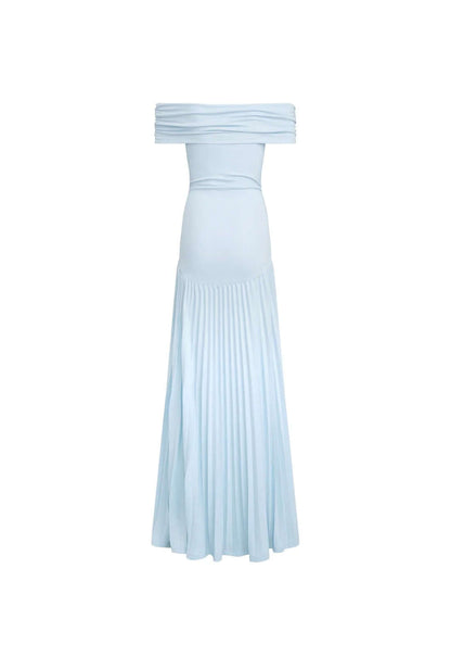 Light blue off-the-shoulder maxi dress by Lioness, featuring pleated skirt and elegant design, perfect for stylish occasions.