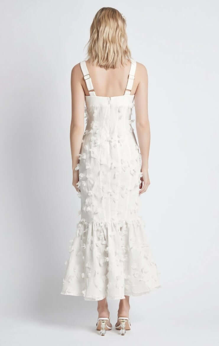 Dress is fully lined, Petal Dreams shaped bodice with adjustable shoulder straps Invisible back zipper closure