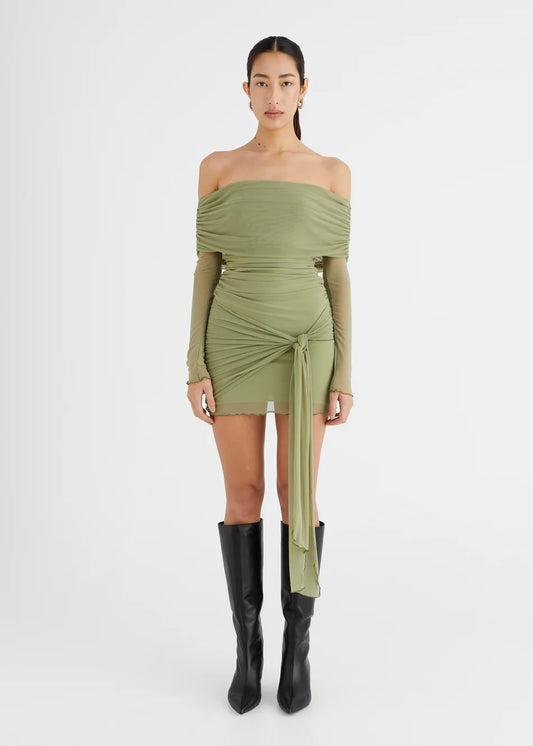 Yasmin Off Shoulder Mini Dress in olive green, featuring a sarong style skirt and long sleeves, perfect for any occasion.