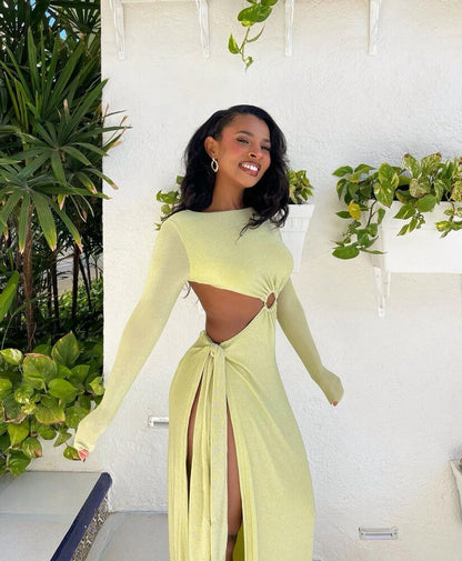 Christina Backless Maxi Wrap Dress in Green Shimmer