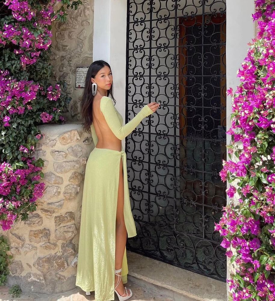 Christina Backless Maxi Wrap Dress in Green Shimmer