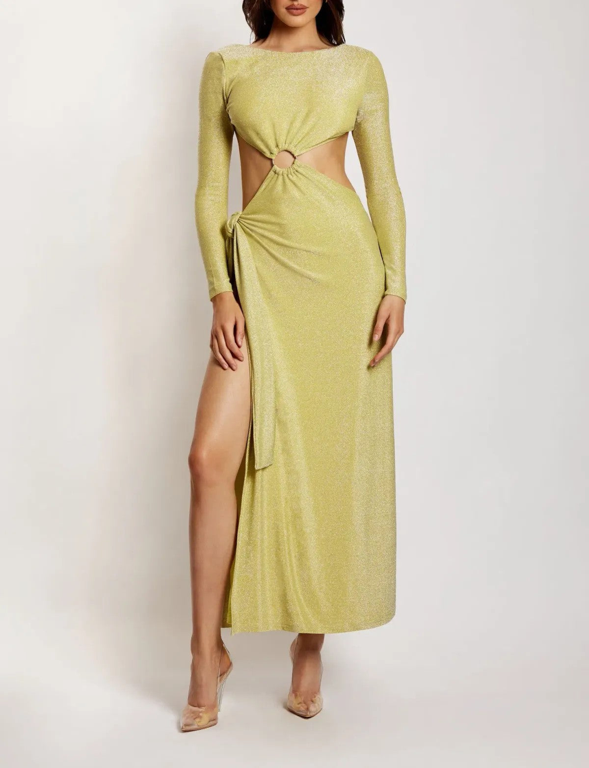 Christina Backless Maxi Wrap Dress in Green Shimmer