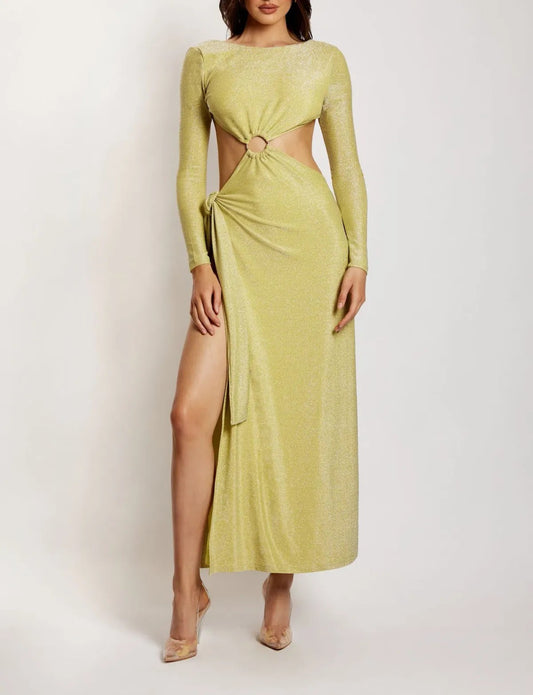 Christina Backless Maxi Wrap Dress in Green Shimmer