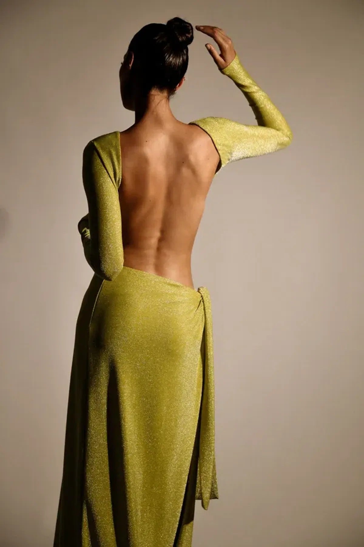 Christina Backless Maxi Wrap Dress in Green Shimmer