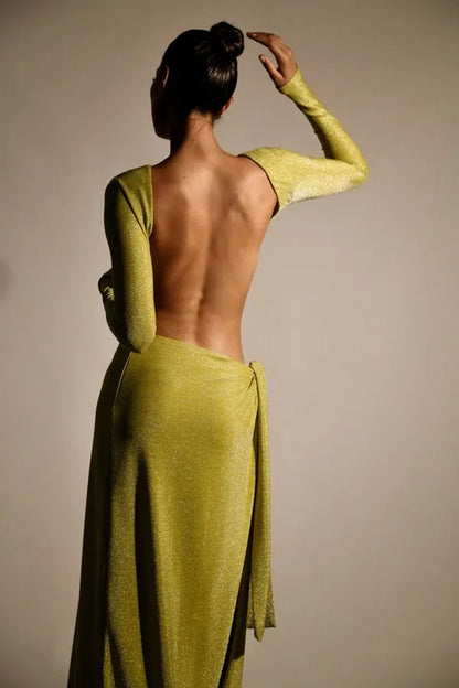 Christina Backless Maxi Wrap Dress in Green Shimmer