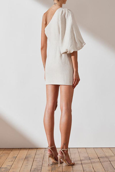 St Martin Linen One Shoulder Mini Dress- Natural