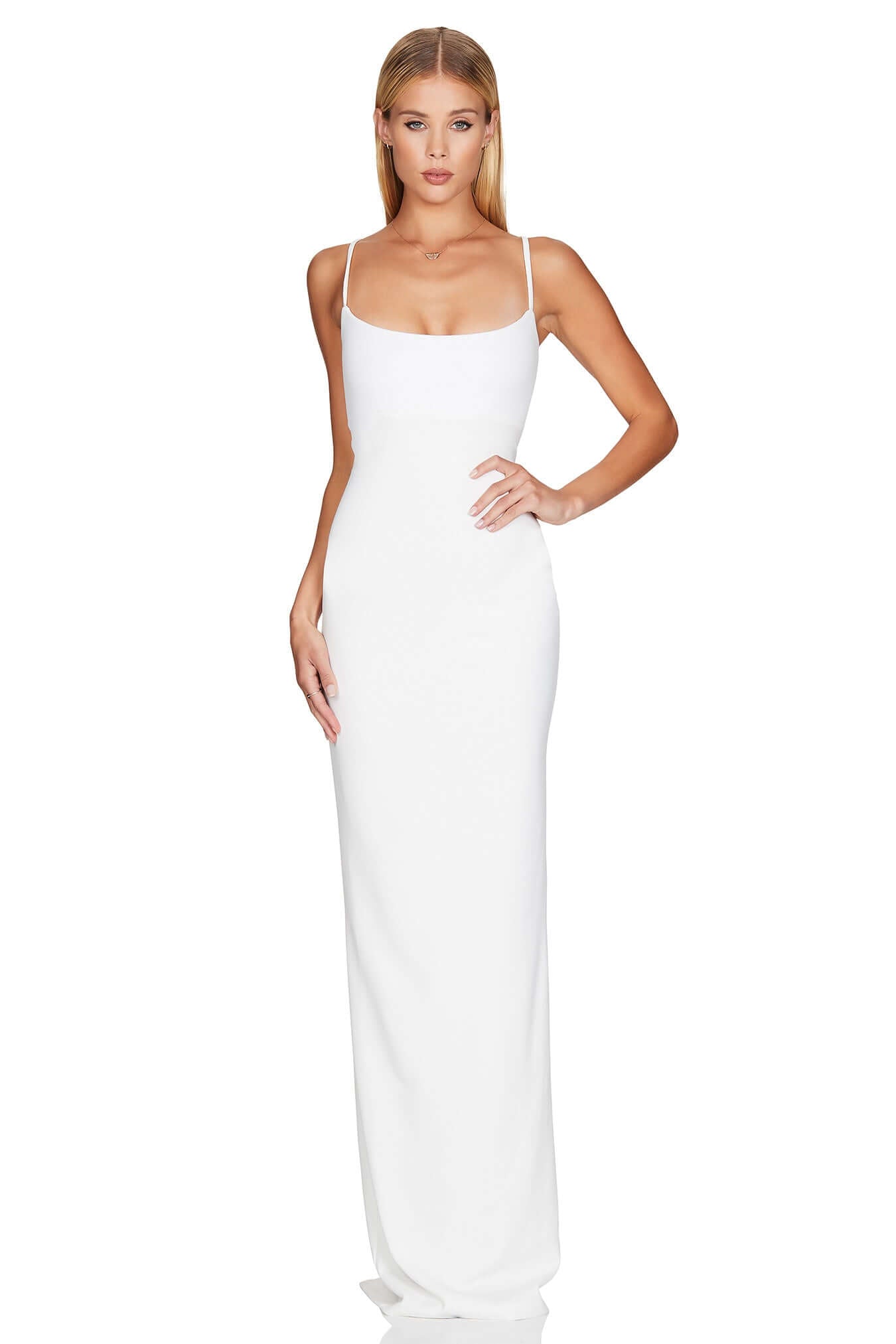 Bailey Gown in Ivory, form-fitting scuba crepe, featuring adjustable straps and a sleek silhouette.