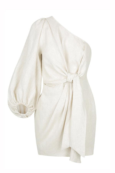 St Martin Linen One Shoulder Mini Dress- Natural